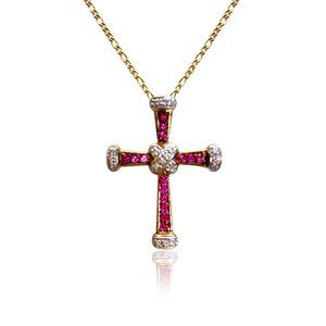 14K White gold Pink Sapphire cross with white diamonds
